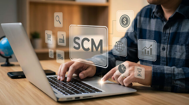 SCM Supply Chain Management logistics process concept with man using laptop