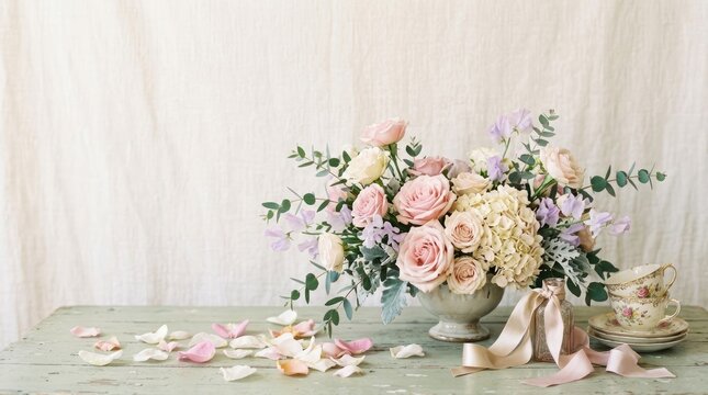 A beautiful floral arrangement sits on a weathered wooden table. The arrangement features a variety of pink and peach roses, hydrangeas, and delicate purple flowers.