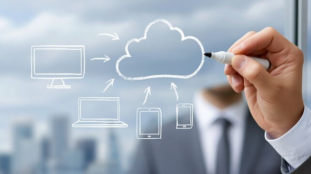 Business professional draws cloud computing diagram with arrows connecting devices on glass window overlooking city