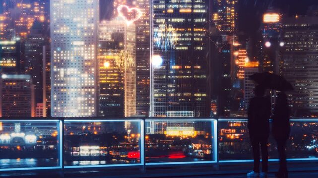 A couple stands on a high observation deck overlooking a vibrant cityscape at night