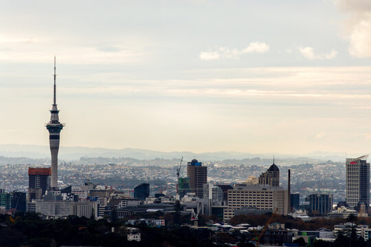 The Sky Tower rises above central Auckland&rsquo;s modern buildings, with the city stretching toward distant hills under a cloudy afternoon sky