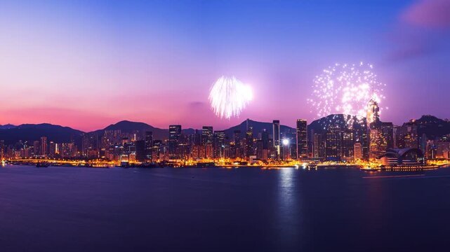 A mesmerizing time-lapse video showcasing the stunning fireworks display over Hong Kong City at dusk