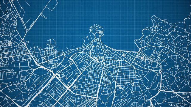 Ink reveal animation of Gij&oacute;n (Xix&oacute;n) city, Spain (Espa&ntilde;a), grid map. Aerial top view. Blueprint style. White lines with blue background. 4K Seamless loop.
