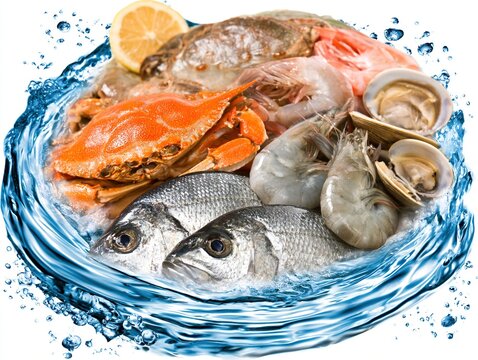 Fresh Marine Seafood Collection with Lemon Arranged on Bright Blue Rippling Water