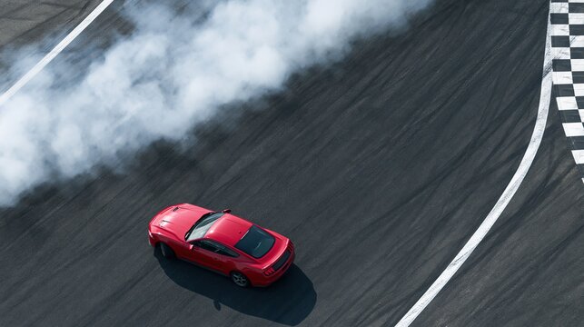 Red sports car drifting on asphalt track with smoke and checkered flag border