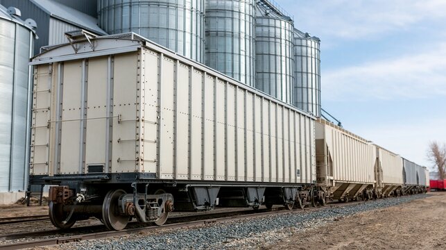 Long freight train cars parked on railway tracks beside tall metal grain silos under a blue sky with scattered clouds