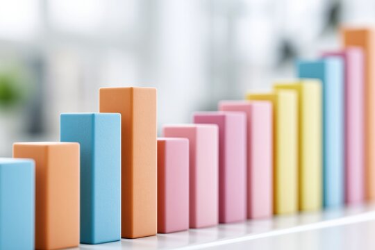 Colorful wooden blocks arranged in a rising pattern representing growth and progress on a white surface