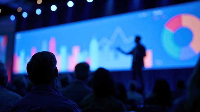 Silhouette of a presenter standing on stage before an audience watching large screen displaying business charts and graphs during professional conference presentation