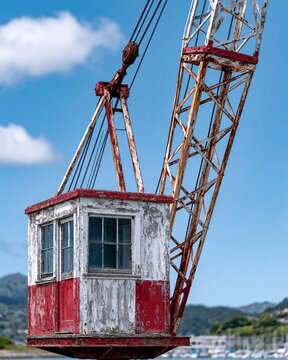Close-up view of a weathered red and white crane operator cabin suspended against blue sky with distant harbor scenery.