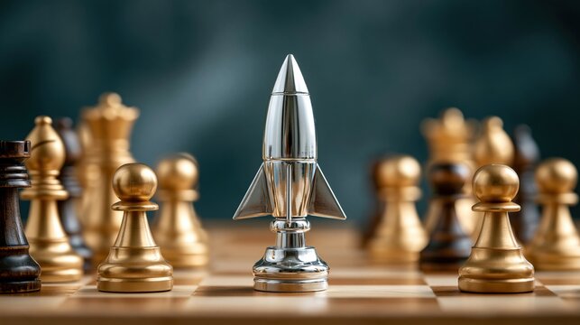 Silver rocket chess piece stands prominently among gold and dark wooden pawns on a checkered board against a blurred background.