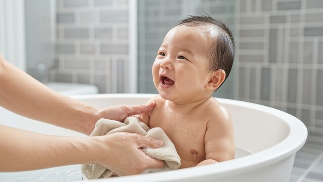 Parenting - Happy Asian baby boy smiling during bath time with mother in a tub