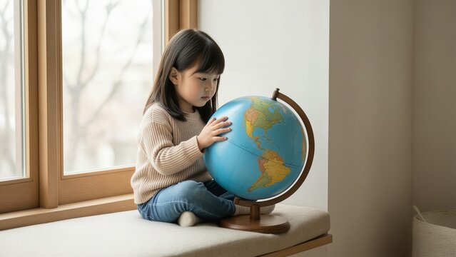 Education - Asian little girl sitting on a window sill and looking at a globe