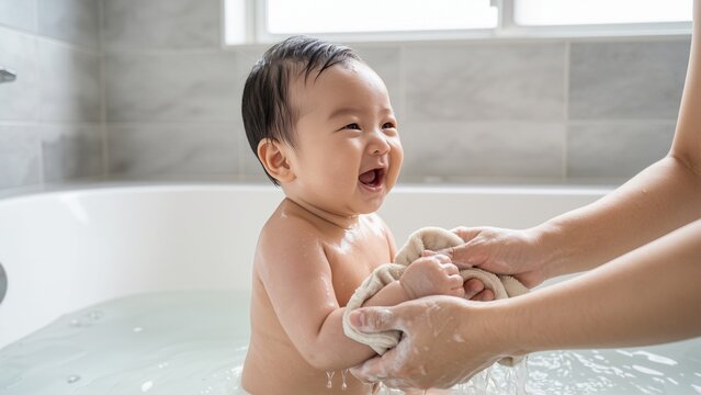 Family - Happy Asian baby boy laughing while taking a bath with mother in tub