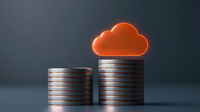 Stacks of silver coins with a glowing orange cloud symbol representing cloud computing investment growth on dark background