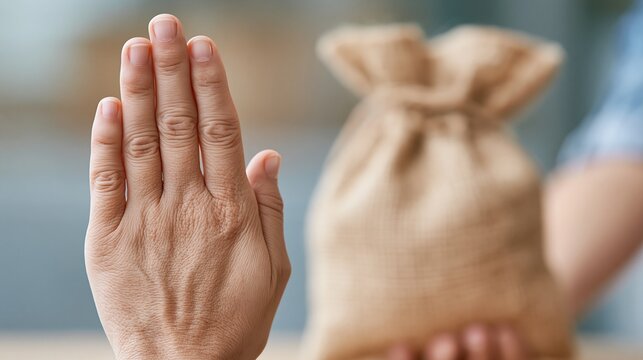 Close-up of a human hand held up in refusal with a blurred money bag in the background suggesting financial rejection