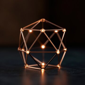 A glowing geometric polyhedron structure with warm lights at vertices on a dark surface against a black background