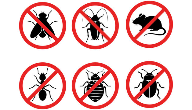 Pest Control Prohibition Sign Set Featuring Solid Black Silhouette Icons Of Housefly Cockroach Mouse Ant Bedbug And Beetle Crossed Out Inside Red Warning Circles