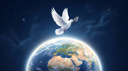 Fototapeta premium White dove flying over earth carrying olive branch in space with flying above planet solar system no war environment atmosphere silhouette with background