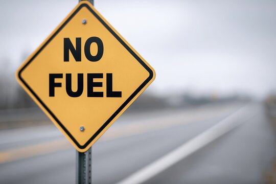Yellow diamond shaped warning sign displaying black text no fuel mounted on metal post alongside blurred highway road