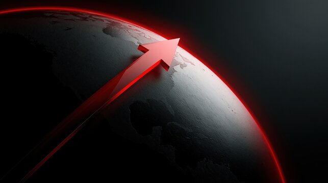 A glowing red arrow pointing upward over a dark globe representing global growth and economic progress.