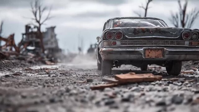 Vintage car on a destroyed post-apocalyptic city street.