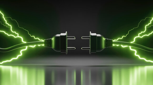Two opposing electrical plugs charged with glowing green lightning bolts against a dark reflective background with while emanating vibrant transmission