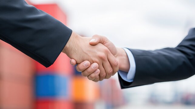 Two people in business suits shaking hands with blurred shipping containers in the background suggesting a deal or agreement