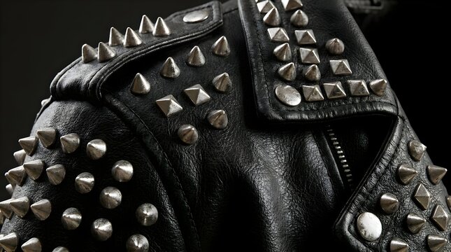 Black Leather Jacket Studs Detail Close Up