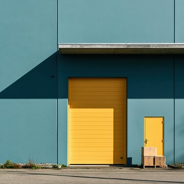 Modern industrial building exterior featuring a large yellow roller door and smaller entrance next to stacked cardboard boxes on a pallet against teal walls.