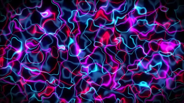 Fractal lines creating topographic map animation on black background. Contour lines wave subtly shift moving. Gradient neon line map provides colourful topography. Contour curves with initial pulse.
