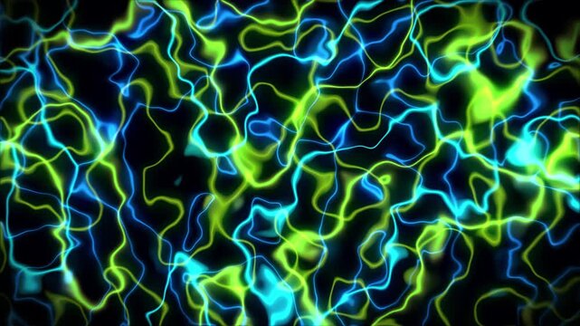 Fractal lines creating topographic map animation on black background. Contour lines wave subtly shift moving. Gradient neon line map provides colourful topography. Contour curves with initial pulse.