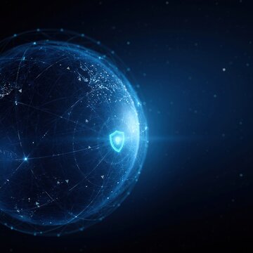 Glowing blue digital globe with network lines and shield icon symbolizing global cybersecurity protection in space