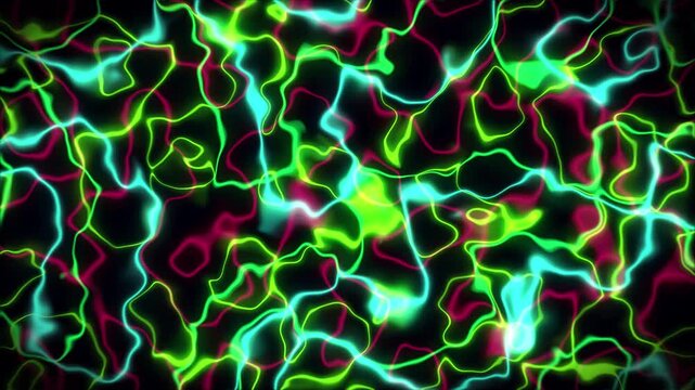 Fractal lines creating topographic map animation on black background. Contour lines wave subtly shift moving. Gradient neon line map provides colourful topography. Contour curves with initial pulse.
