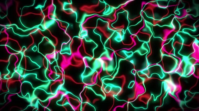 Fractal lines creating topographic map animation on black background. Contour lines wave subtly shift moving. Gradient neon line map provides colourful topography. Contour curves with initial pulse.