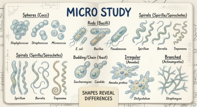 Micro Study: Diverse Microorganism Shapes and Classifications Revealed