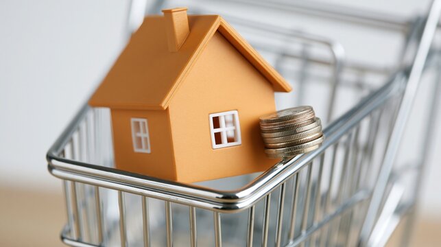 Small model house and stack of coins resting inside a metal shopping cart on a plain surface