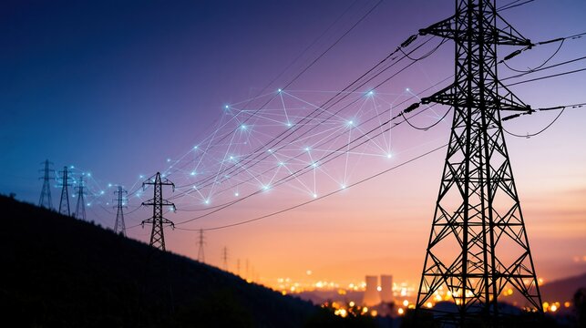 Silhouetted electricity pylons against a sunset sky with digital network lines connecting them