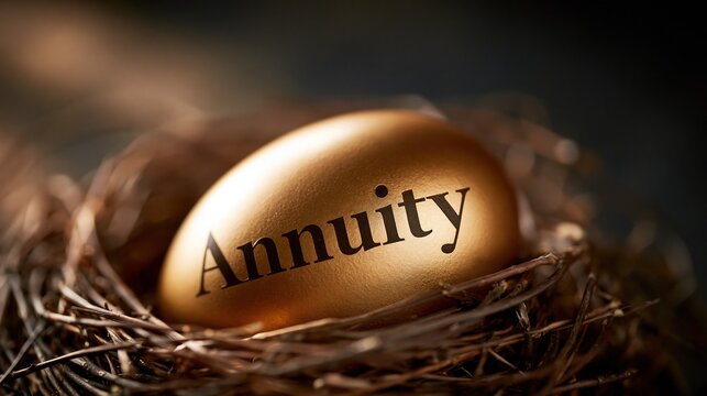 Golden egg with an annuity label resting in a natural bird nest against a dark background symbolizing financial security