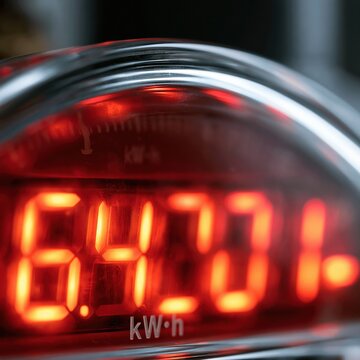 Close-up view of a digital electricity meter displaying red illuminated numbers and kilowatt hours unit on curved glass surface