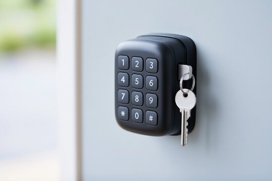 Black combination key lock box mounted on a white wall with silver keys hanging from the side hook
