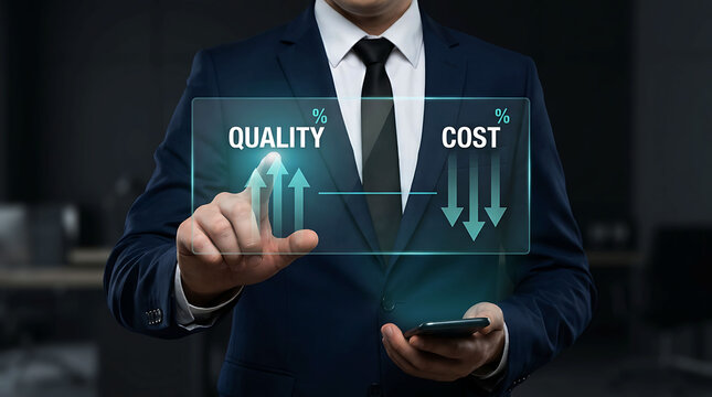 Quality improvement and cost reduction business efficiency balance concept