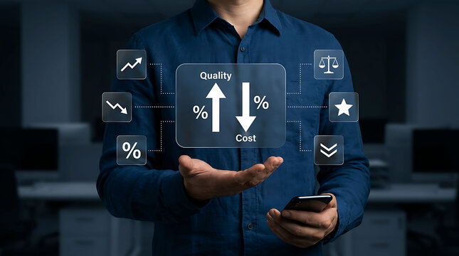 Quality improvement and cost reduction business efficiency balance concept