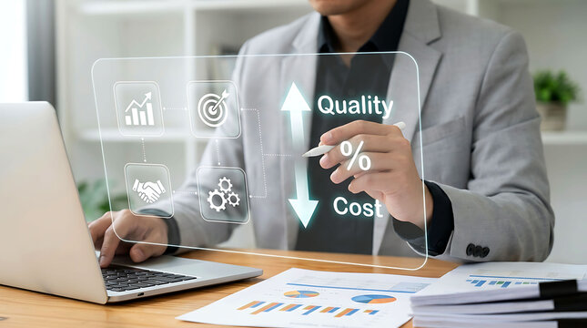 Quality improvement and cost reduction business efficiency balance concept on laptop