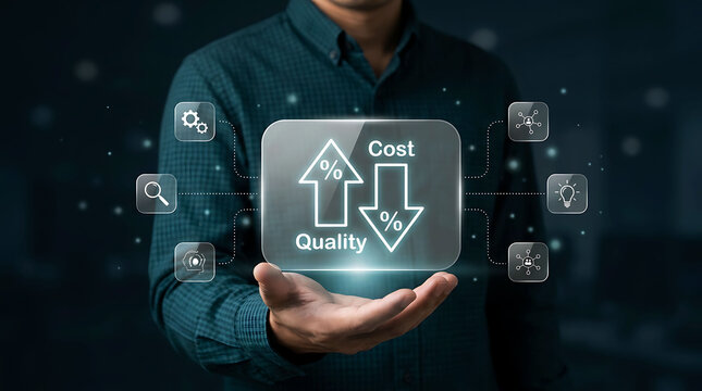 Quality improvement and cost reduction business efficiency balance concept