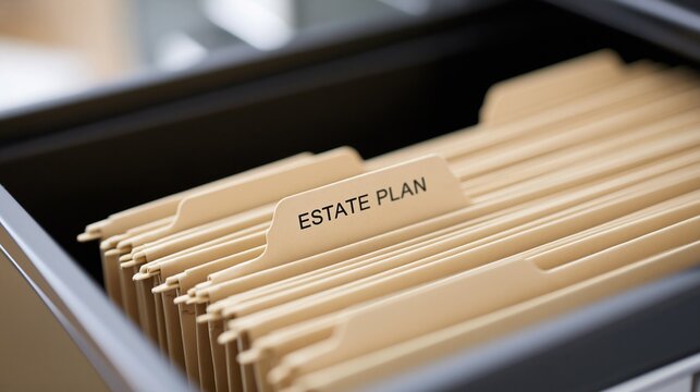 Beige file folders labeled estate plan stored in an open drawer, organized documents for legal and financial planning.