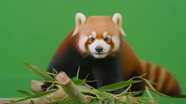 Red panda with reddish-brown fur sitting on a tree branch in profile against a green screen background with isolated animal details