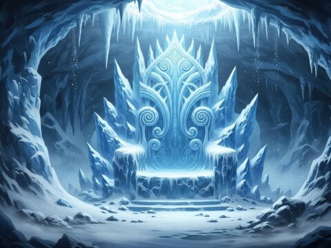 Ornate ice throne in a frozen cave setting with icicles