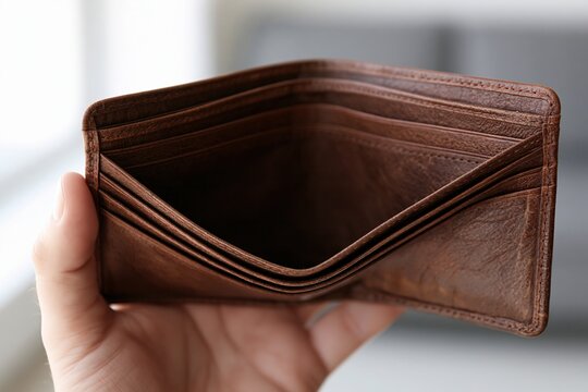Hand holding an empty brown leather wallet open to reveal card slots and compartments against a blurred background.