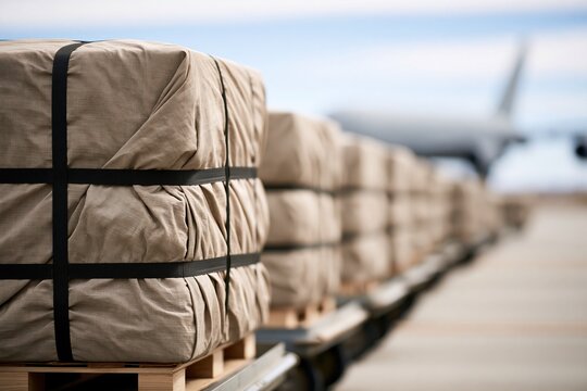 Rows of beige cargo pallets wrapped in protective fabric secured with black straps waiting on airport tarmac near aircraft