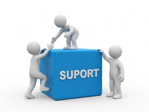 Teamwork and support concept with figures helping each other on a blue block